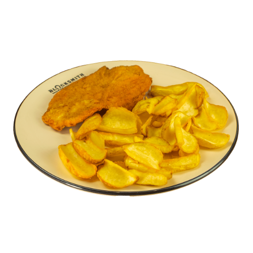 Cotoletta di pollo impanata croccante e contorno di patate dippers