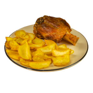 Stinco di maiale al forno e contorno di patate dippers