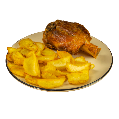 Stinco di maiale al forno e contorno di patate dippers